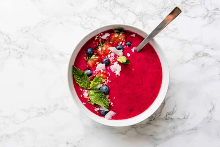 A bowl of Healthy Beet Berry Smoothie Bowl.