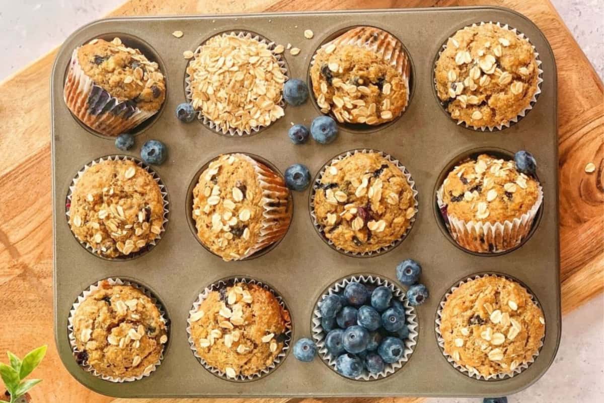 A tray of Blueberry Banana Oatmeal Muffins.