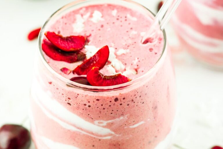 A glass of Cherry Cottage Cheese Smoothie.