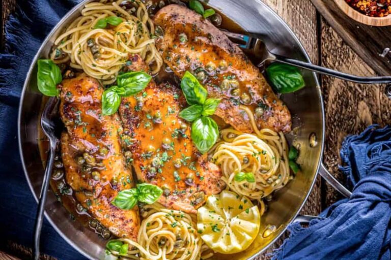 A pan of Chicken Piccata with Caper Lemon Butter Sauce.
