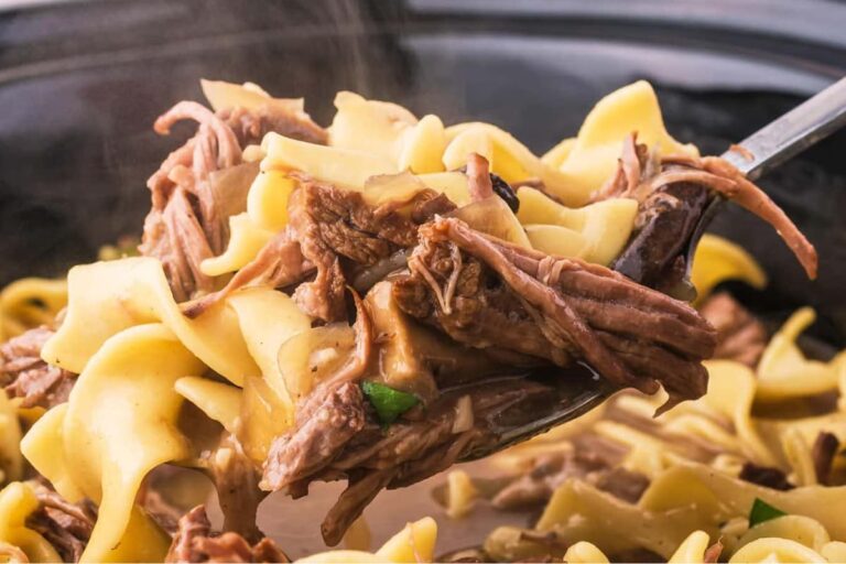 A dish of Crock Pot Beef and Noodles.