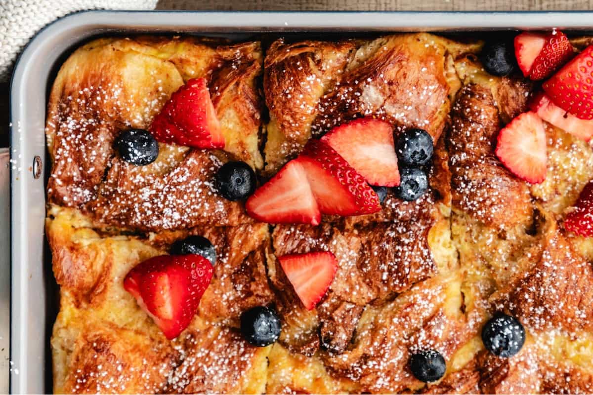 A tray of Croissant Baked French Toast.