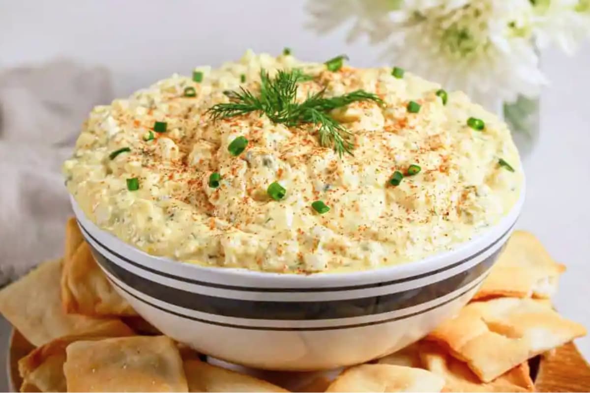 A bowl of Deviled Egg Dip.