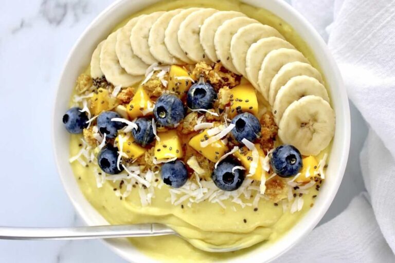 A bowl of Mango Smoothie Bowl.