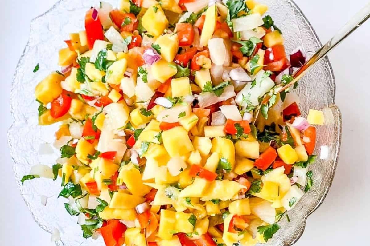 A dish of Pineapple Mango Habanero Salsa.