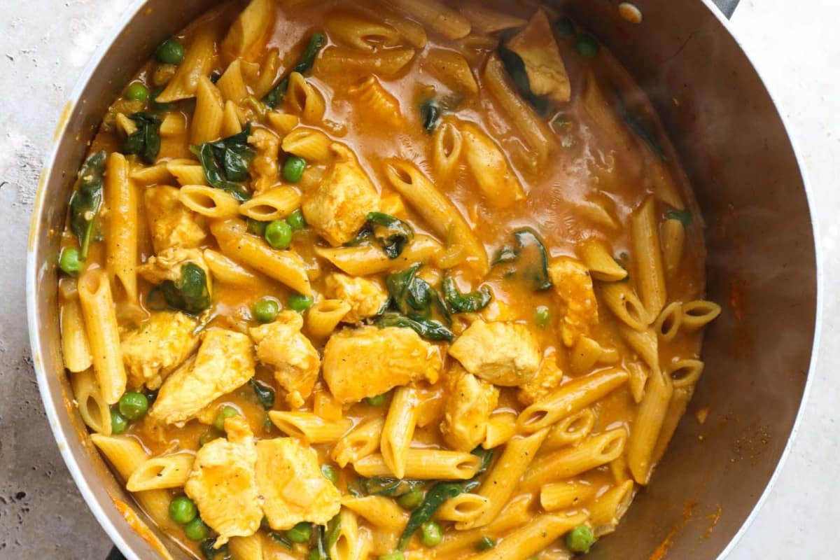 Overhead image of One Pot Chicken Curry Pasta.