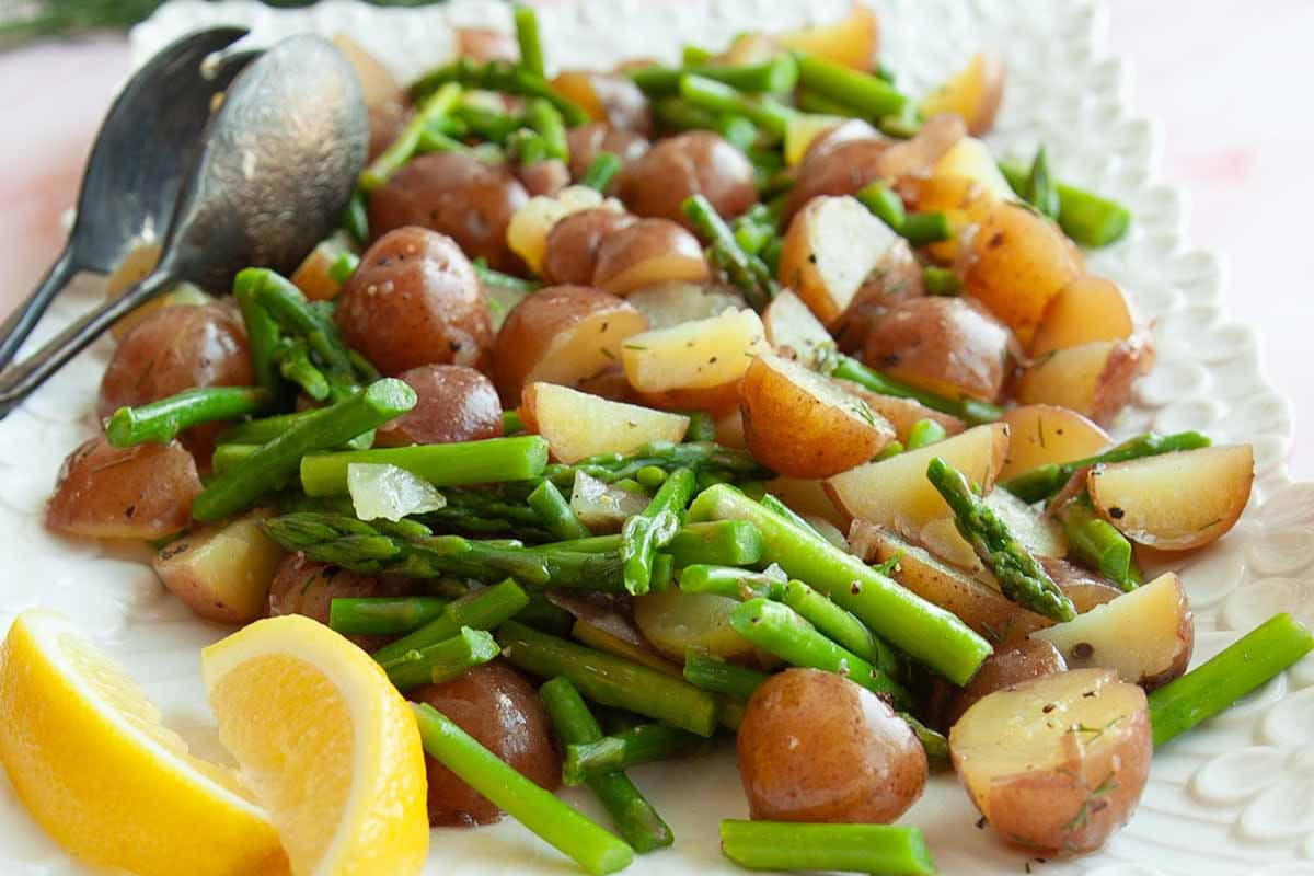 A plate of Potato Salad with Asparagus.