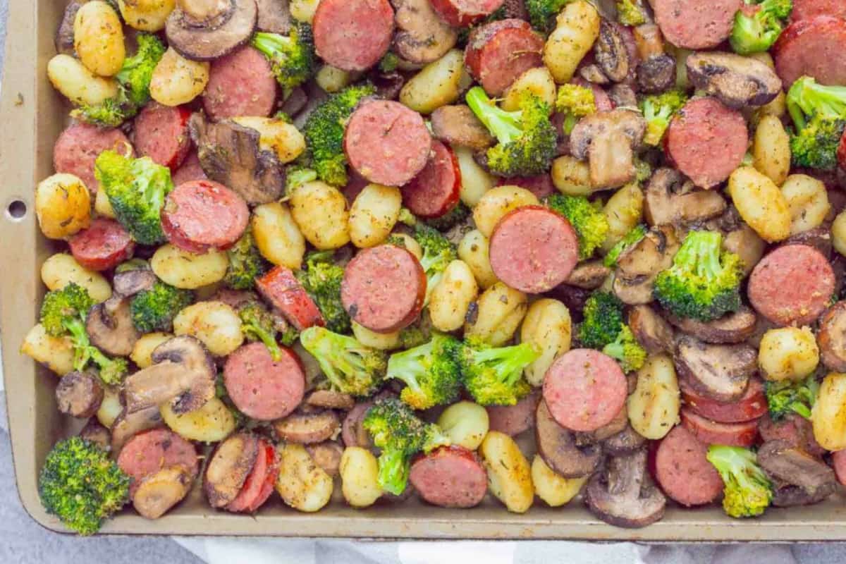A pan of Sheet Pan Sausage and Gnocchi.