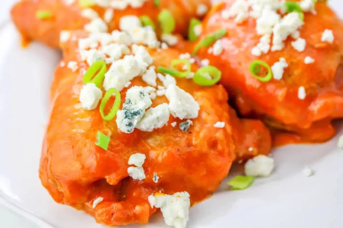 A plate of Air Fryer Buffalo Chicken Thighs.