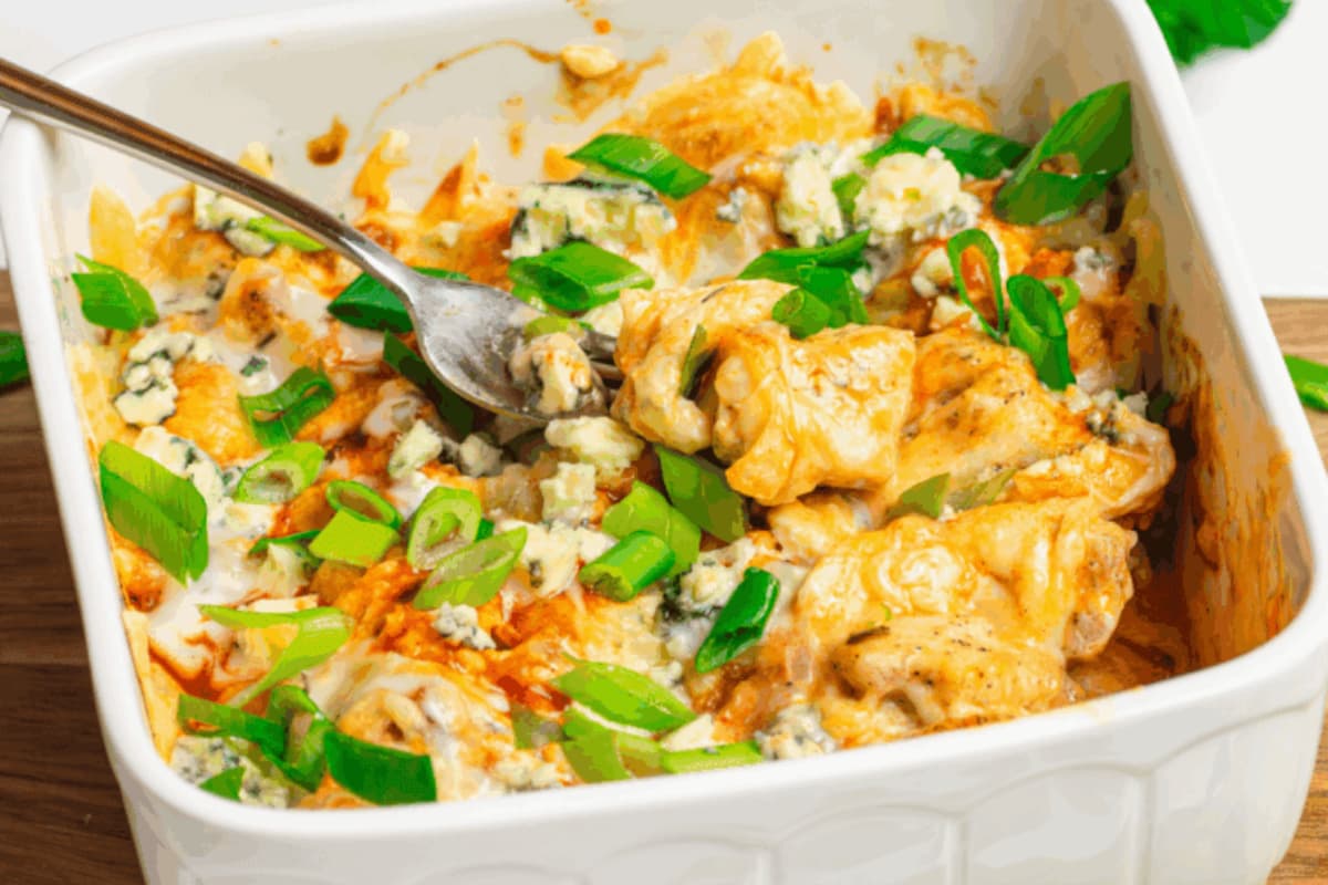 A dish of Air Fryer Domino’s Hot Buffalo Chicken Bake.