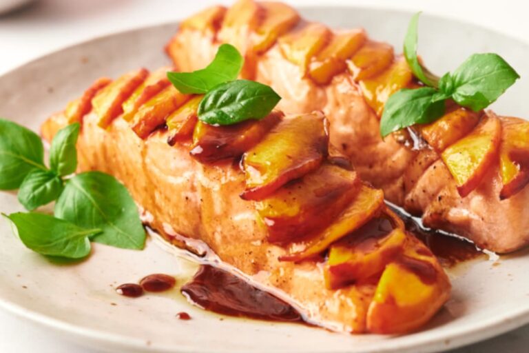 A plate of Air Fryer Peach Salmon.
