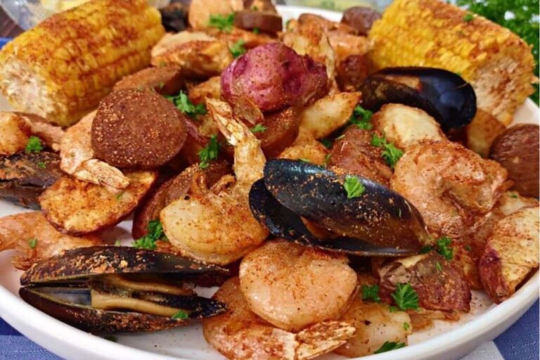 A plate of Air Fryer Seafood Boil.