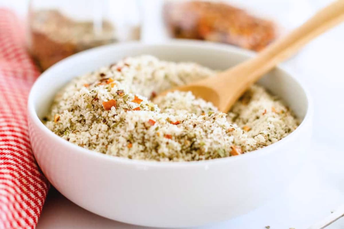 A bowl of almond flour breadcrumbs.