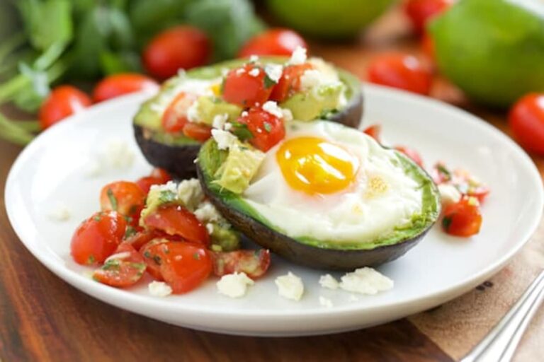 A plate of Mexican Baked Avocado Eggs.