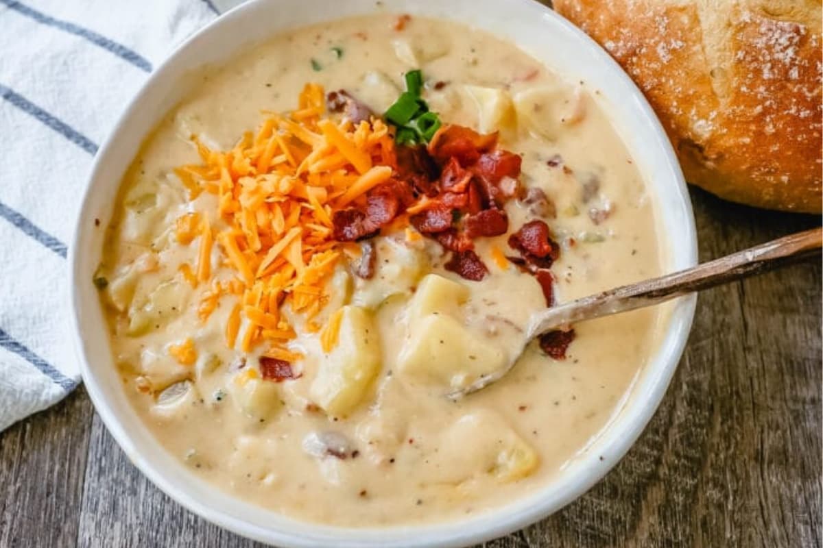 A bowl of Baked Potato Soup,