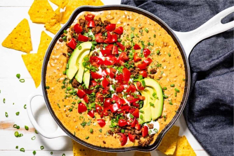 A dish of Beef Queso Dip.