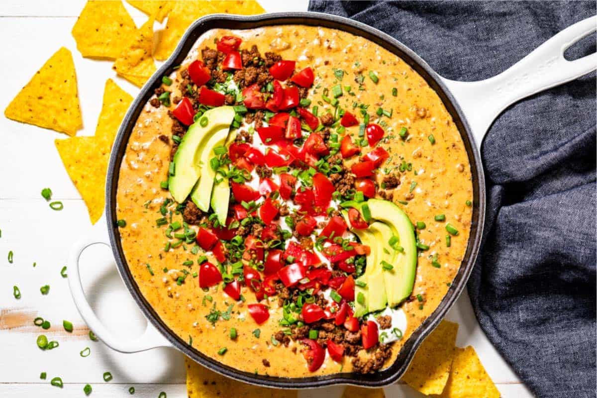 A dish of Beef Queso Dip.