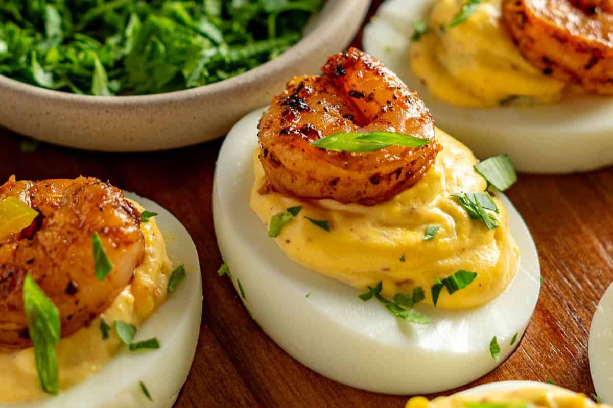 A plate of Cajun Shrimp Deviled Eggs.