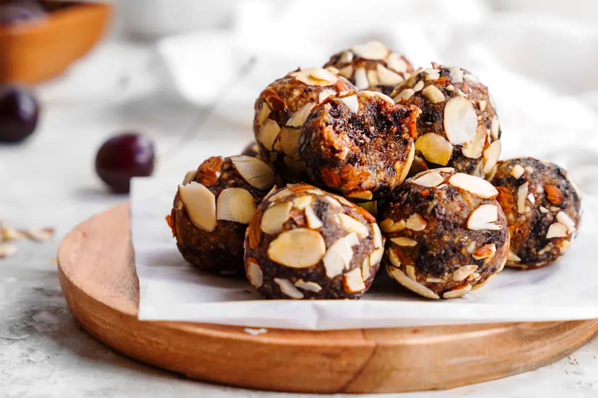 A plate of Cherry Almond Date Energy Balls.