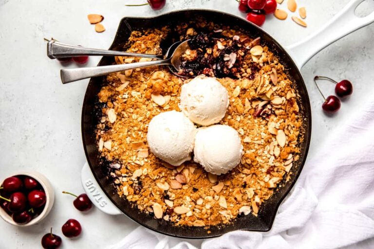 A dish of Fresh Cherry Crisp (with Almond Oat Topping).