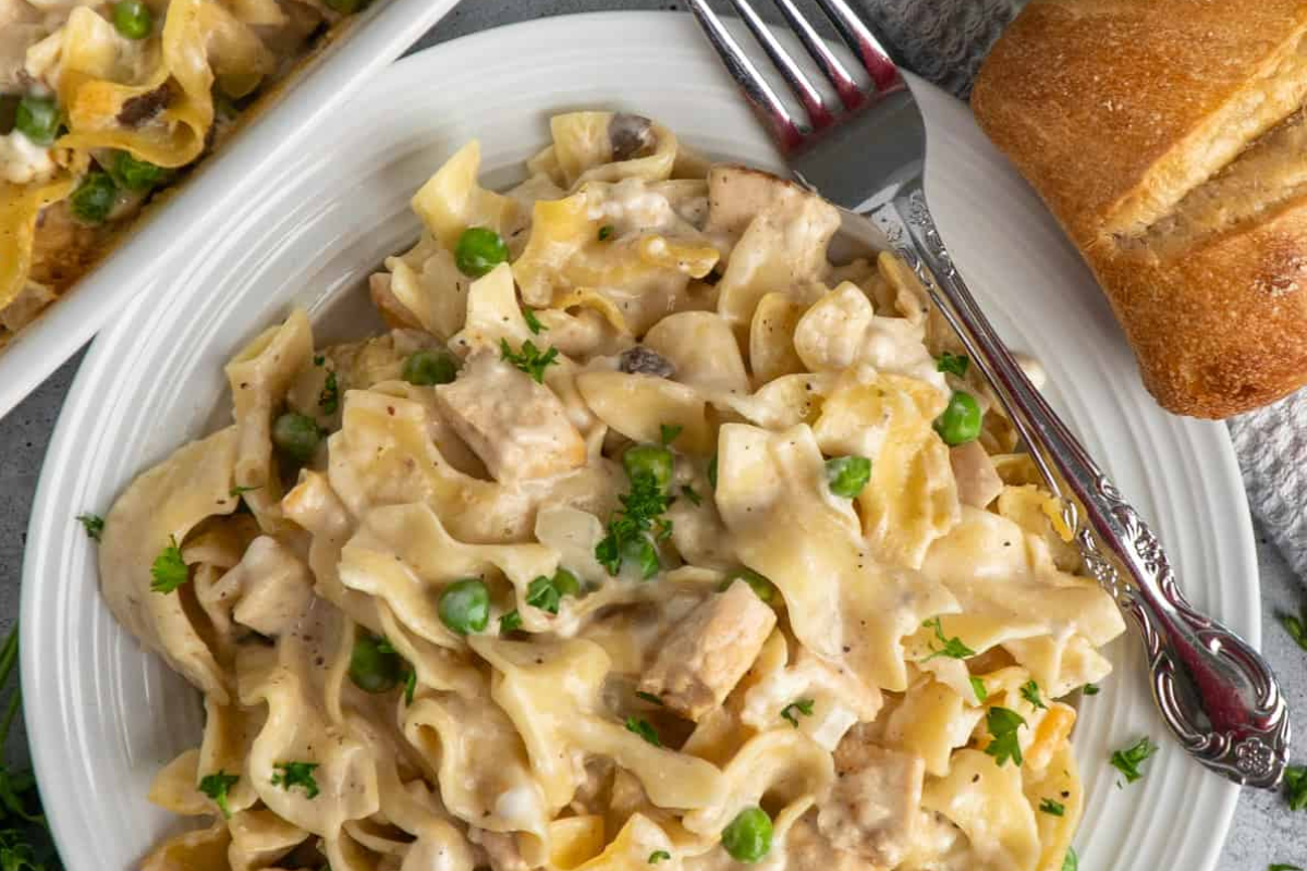 A dish of Chicken Noodle Casserole.