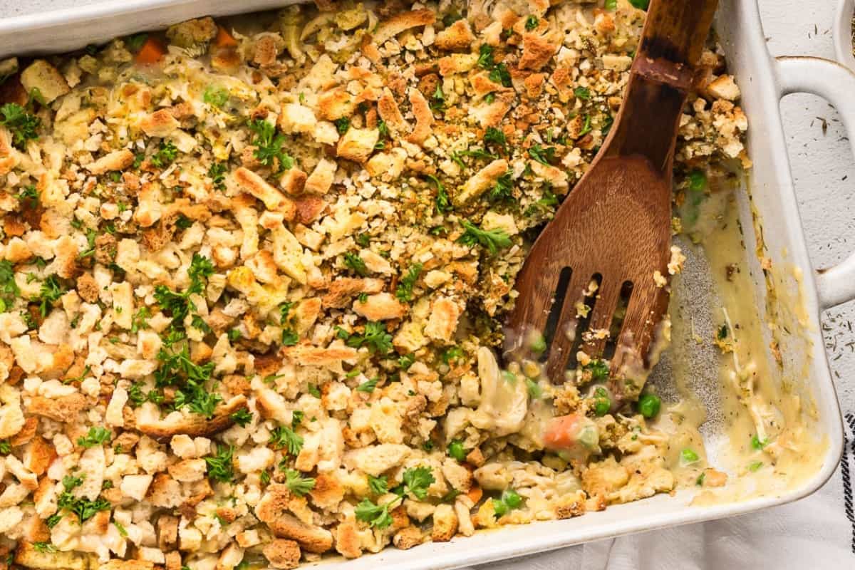 A dish of Chicken Stuffing Casserole.