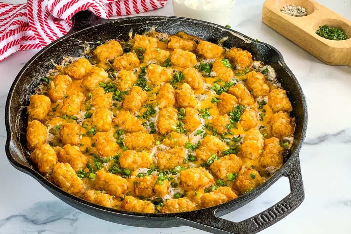 A dish of Chicken and Tater Tot Casserole.