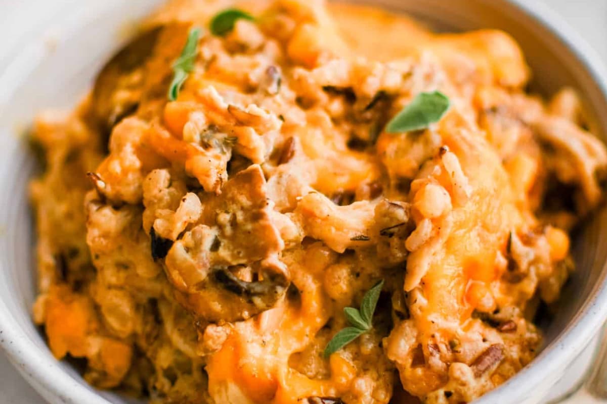 A dish of Chicken and Wild Rice Casserole.