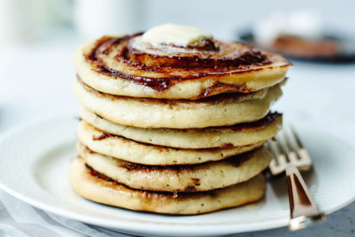 A plate of Cinnamon Swirl Pancakes.