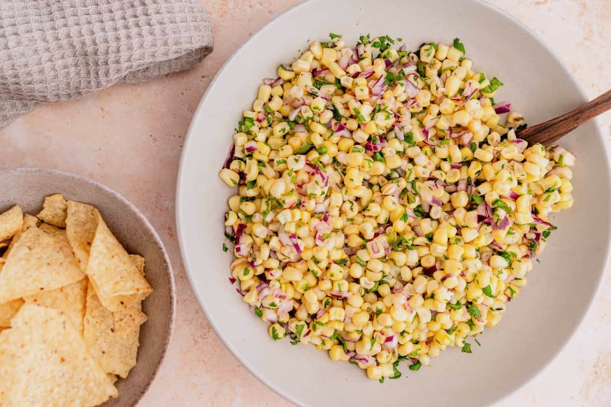 A bowl of Copycat Chipotle Chili Corn Salsa.