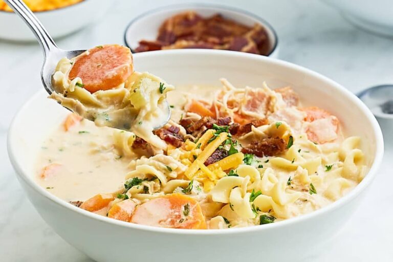 A bowl of Creamy Chicken Noodle Soup.