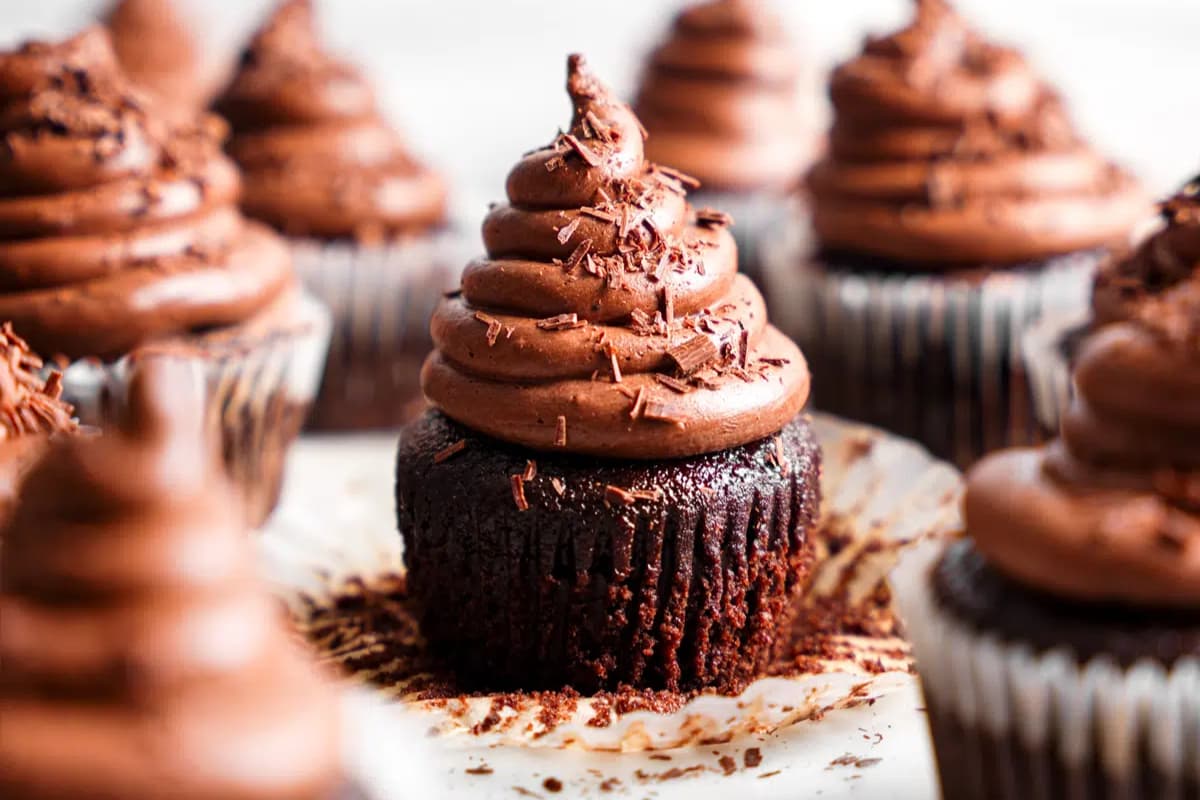 A tray of Healthy Vegan Double Chocolate Cupcakes.