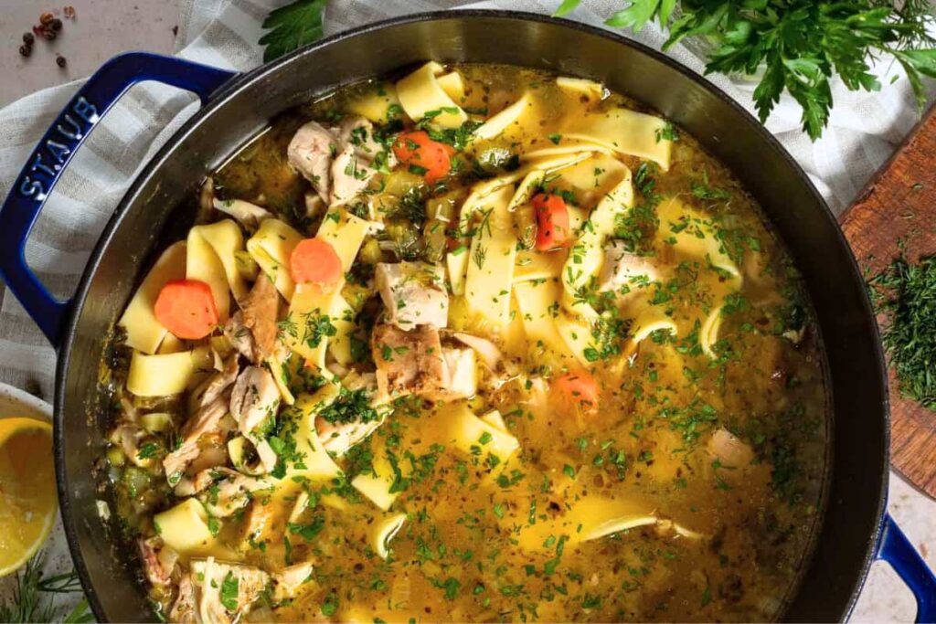 Overhead image of Dutch Oven Chicken Noodle Soup.