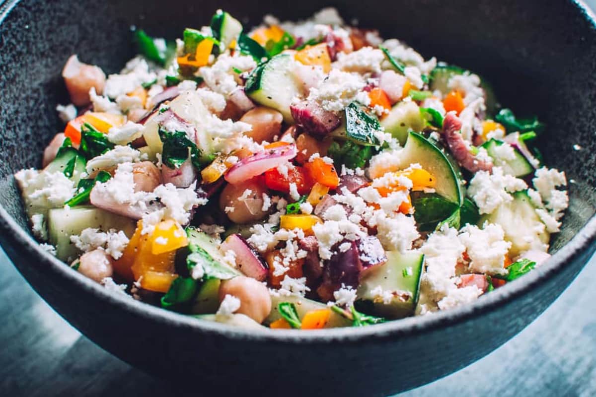 A bowl of Mediterranean Cucumber Salad.
