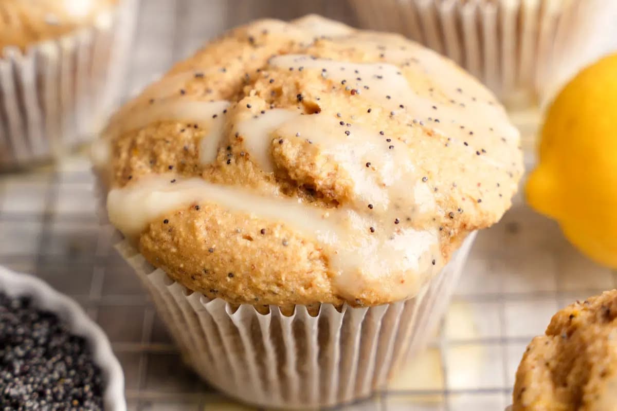 A tray of Gluten-Free Vegan Lemon Poppy Seed Muffins.