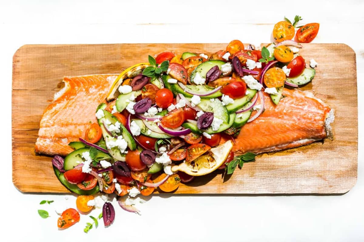 A plate of Greek Salmon.