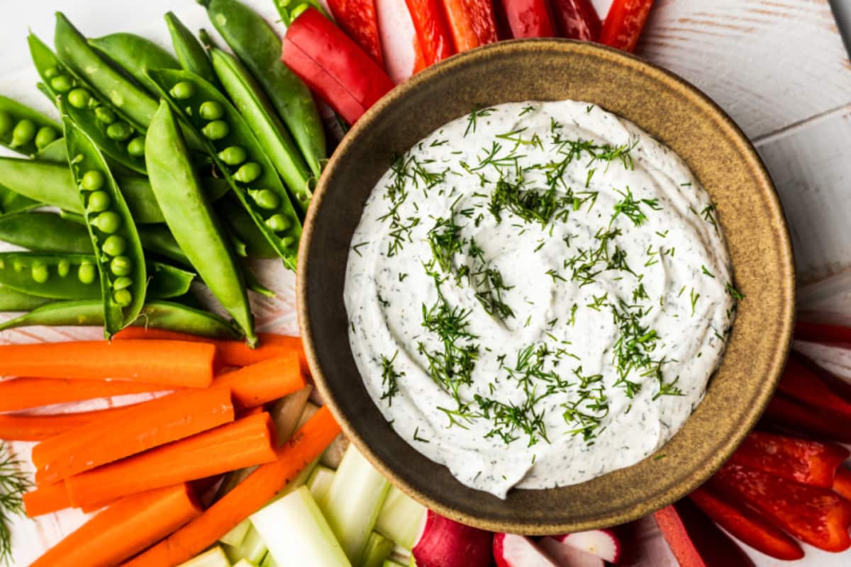 A bowl of Greek Yogurt Veggie Dip.