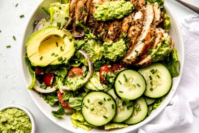 A bowl of Grilled Chicken Green Goddess Salad.