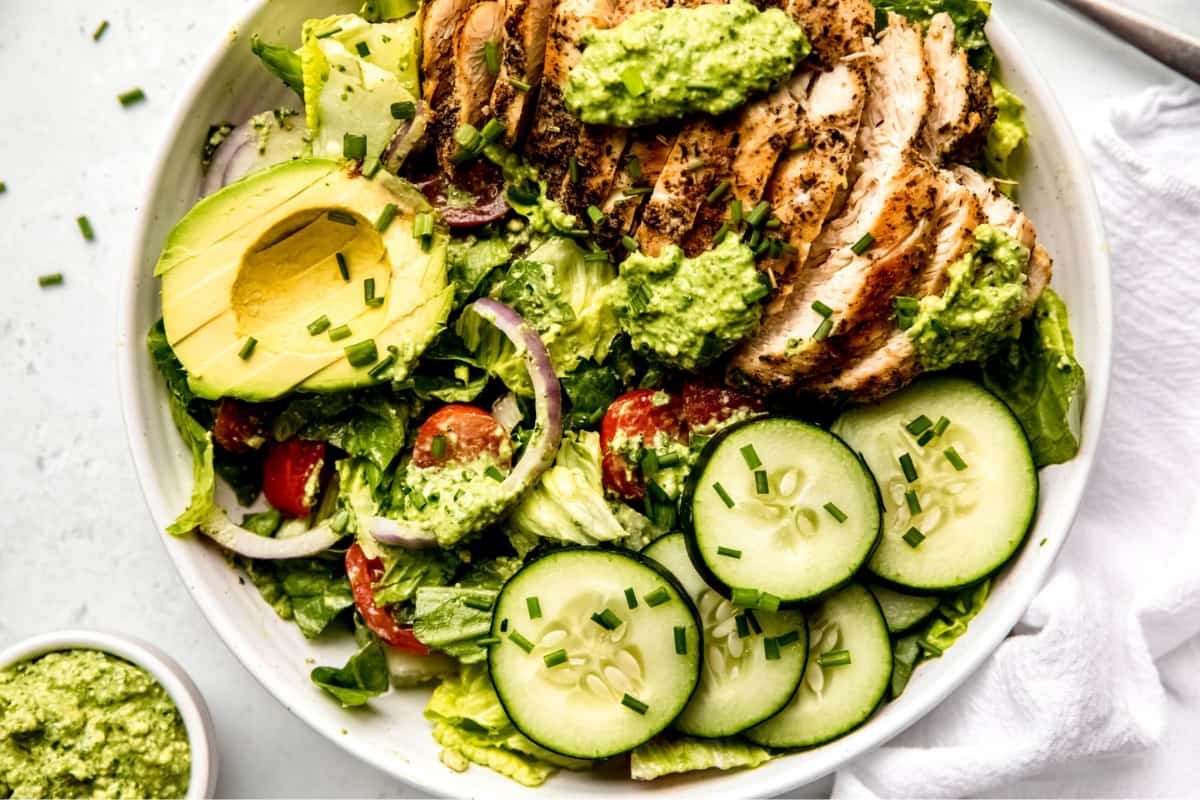 A bowl of Grilled Chicken Green Goddess Salad.