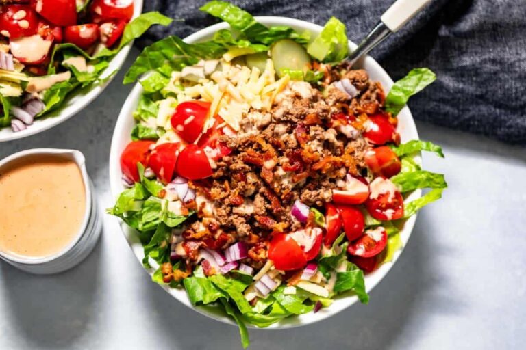 Overhead image of ground beef Burger Bowls.