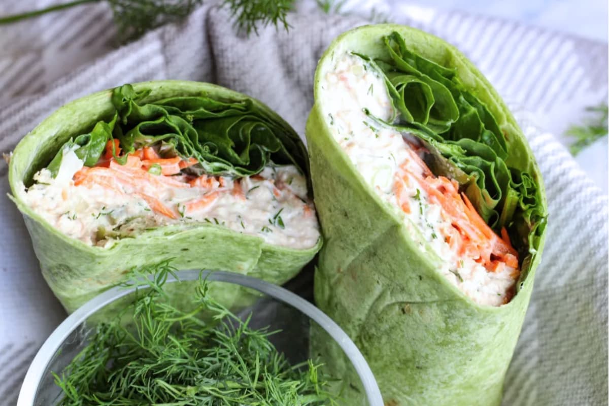 A plate of Herby Tuna and Vegetable Wrap.