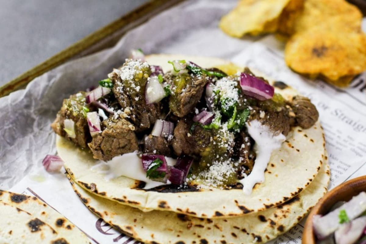 A tray of Instant Pot Barbacoa Tacos.