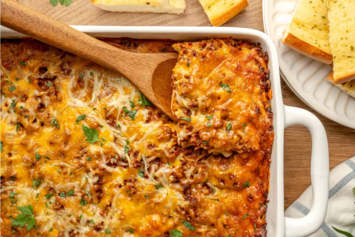A dish of Italian Noodle Casserole with Ground Beef.