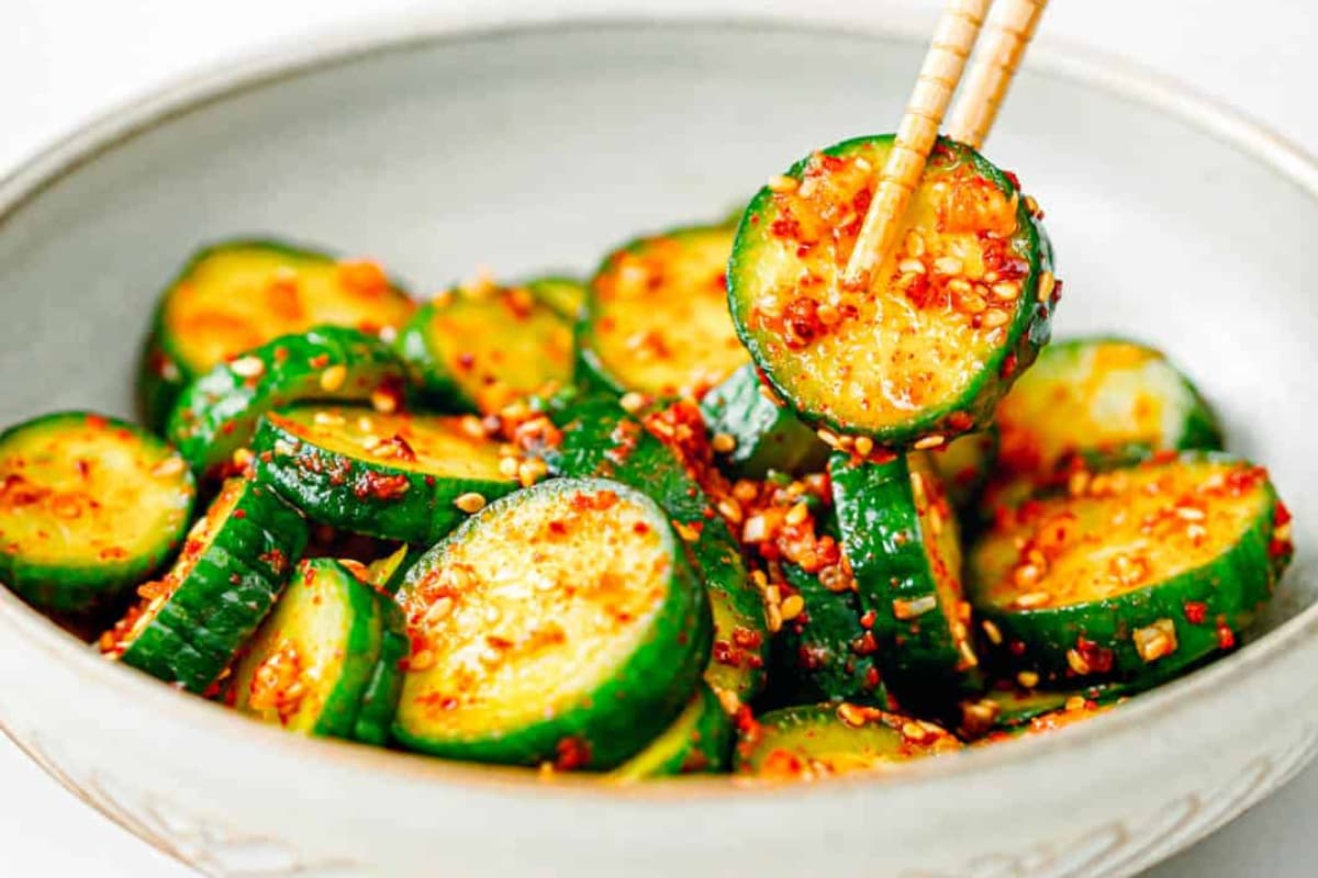 A bowl of Korean Cucumber Salad.