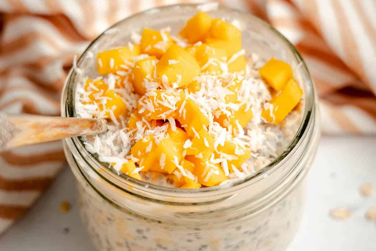 A jar of Mango Coconut Overnight Oats.