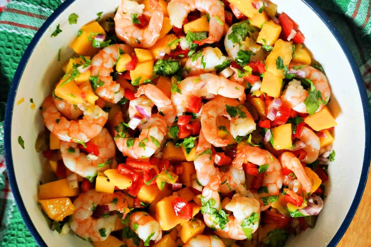 A bowl of Mango and Prawn Salad.