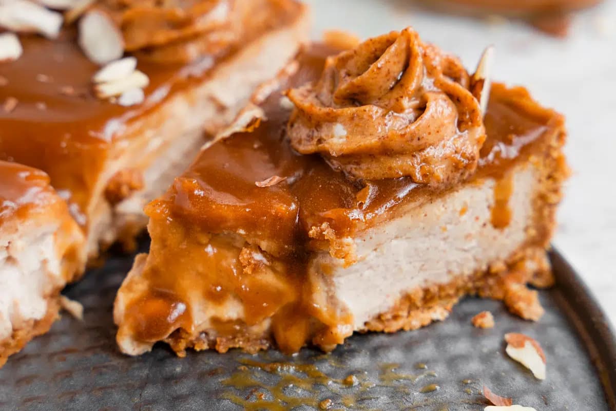 A plate of Maple Caramel Almond Cheesecake.