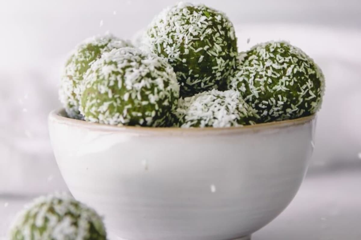 A bowl of 5 Minute Matcha Protein Balls.
