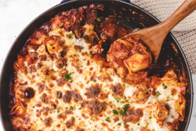 A pan of One-Pan Baked Tortellini with Ground Beef.