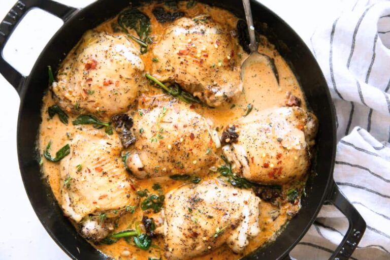 Overhead image of one-pan Creamy Tuscan Chicken.